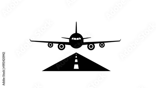 Vector illustration of airplane approaching runway for landing, front view silhouette icon of commercial jet aircraft flying towards airport strip on a transparent background
