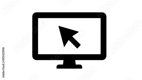 Vector illustration of computer monitor icon with cursor arrow, simple black silhouette graphic for web design and digital interface concept on a transparent background