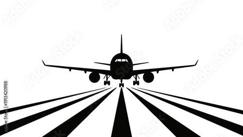 Vector illustration of silhouette of a commercial airplane landing or taking off on a runway, front view, on a transparent background