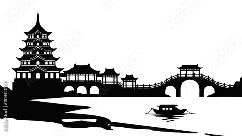 Vector illustration of silhouette of traditional chinese architecture, including a pagoda, temples, and an arched bridge over water with a small boat, on a transparent background