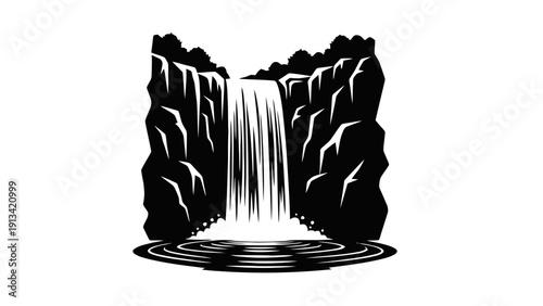 Vector illustration of black and white silhouette icon of a waterfall cascading down rocky cliffs into a pool with ripples below on a transparent background