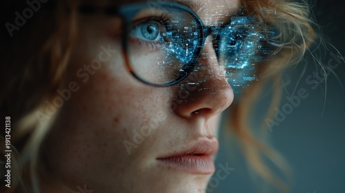 Young woman with augmented reality glasses displaying digital data in her eyes