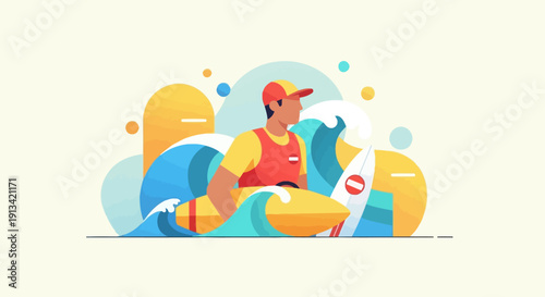 Brave lifeguard on a rescue surfboard riding ocean waves, summer safety theme