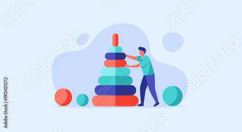 Businessman building a pyramid structure with rings, a strategic development concept