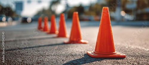 Vibrant orange safety cones arranged in a straight line on pavement