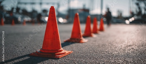 Vibrant orange safety cones arranged in a straight line on pavement