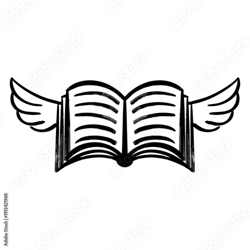 Open book with wings illustration, hand-drawn black ink sketch for education and freedom.