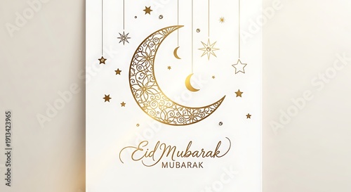 Elegant gold Eid Mubarak greeting with ornate moon and stars