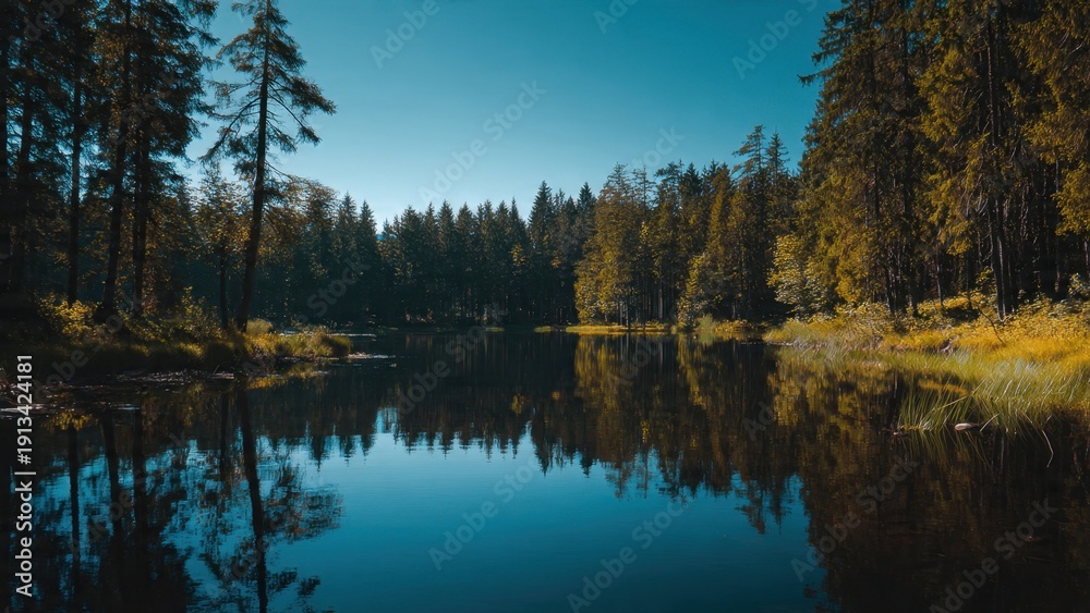 Obraz premium Serene lake reflecting forest in peaceful scenery
