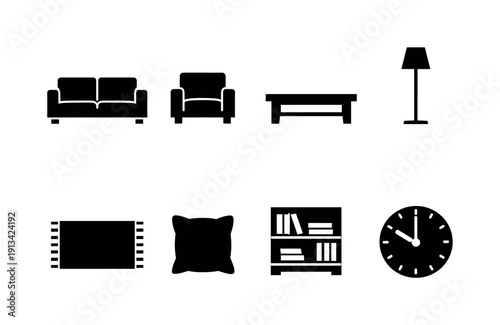 Home living room decor: sofa, armchair, coffee table, floor lamp, rug, throw pillow, bookshelf, wall clock.