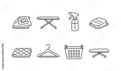 Home ironing accessories: steam iron, ironing board, spray bottle, iron rest, heat mat, garment hanger, laundry basket, sleeve board.
