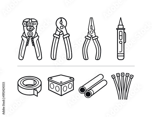 Home electrical wiring kit: wire stripper, cable cutter, needle pliers, voltage tester, electrical tape roll, junction box, conduit pipe, cable tie.