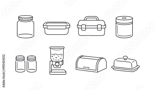 Food storage containers: glass jar, plastic container, lunch box, vacuum container, spice jar, cereal dispenser, bread box, butter dish.