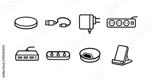 Office desk charging accessories: wireless charger, charging cable, power adapter, power strip, USB hub, cable clip, desk grommet, charging stand.