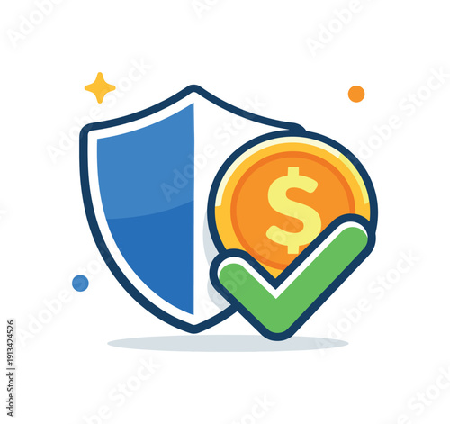 Personal financial planning and long-term stability centered on organizing money and preparing for the future in a clear and responsible way, a shield combined with a coin and a