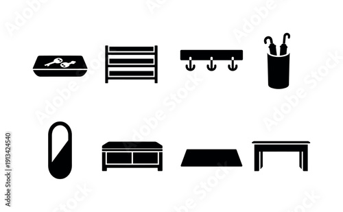 Home entryway daily items: key tray, shoe rack, coat hanger, umbrella stand, wall mirror, storage bench, doormat, console table.