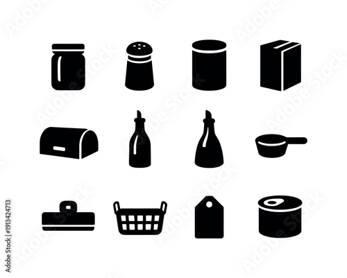 Home pantry organization: glass jar, spice shaker, storage canister, cereal box, bread bin, oil bottle, vinegar bottle, measuring scoop, clip seal, shelf basket, label tag, food