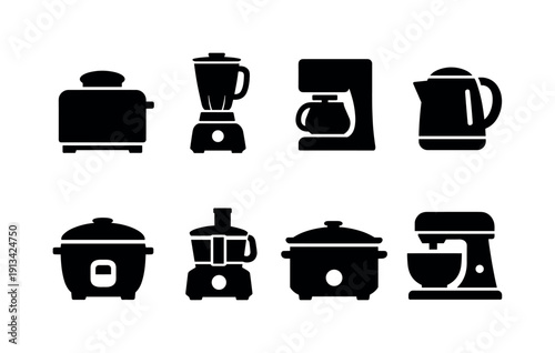 Kitchen countertop appliances: toaster, blender, coffee maker, electric kettle, rice cooker, food processor, slow cooker, stand mixer.