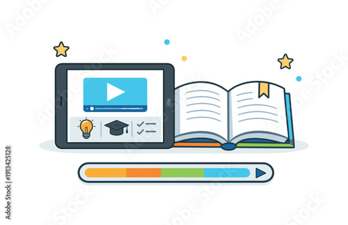 Online education and continuous learning in a digital environment highlighting self-improvement and skill development, a tablet device paired with an open book and a simple