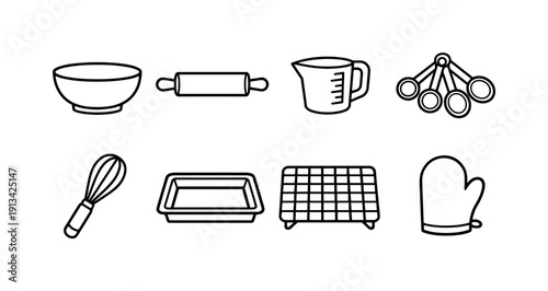 Home kitchen baking essentials: mixing bowl, rolling pin, measuring cup, measuring spoon, whisk, baking tray, cooling rack, oven mitt.