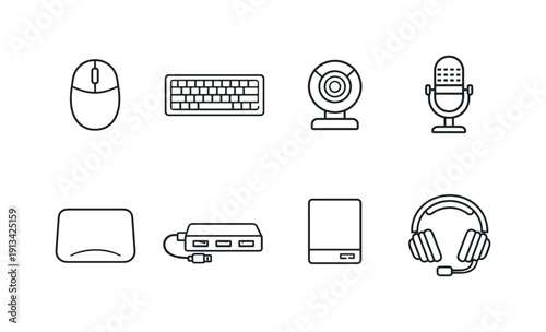 Computer peripherals: computer mouse, keyboard, webcam, microphone, mouse pad, USB hub, external hard drive, headset.