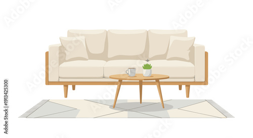 A cozy three-seater sofa with cream cushions and wooden frame stands behind a round coffee table with a mug and plant on a patterned rug.