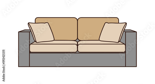 A front view illustration of a simple two-seater sofa with beige cushions and a grey base on a white background.