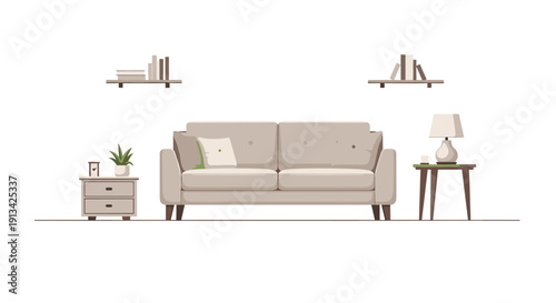 A modern living room setup features a light grey two-seater sofa flanked by side tables, a lamp, a plant, and wall shelves with books.