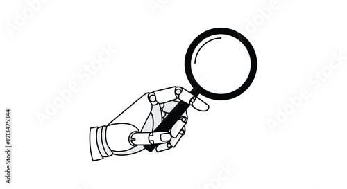 Monochrome robotic hand holding a magnifying glass with a black handle on a plain white background.