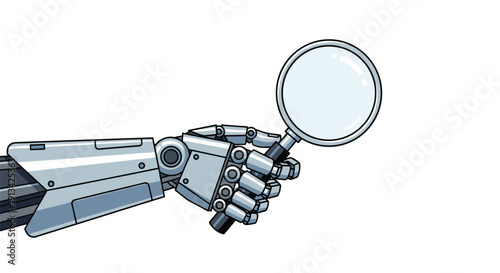 Pixelated robotic arm and hand holding a clear magnifying glass against a simple white background.