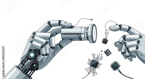 Two robotic hands holding camera lens part and various microchips for assembly on a white background.