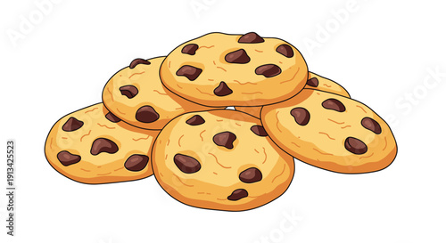 A tempting pile of classic round chocolate chip cookies with irregular chips grouped on a white background.