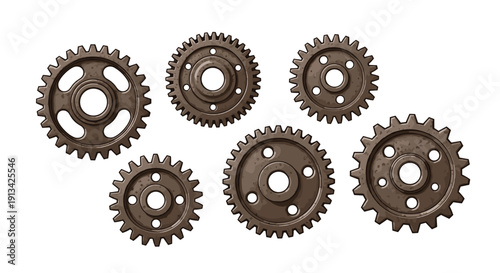 A close-up grouping of large, intricately designed rusty metal gears with visible wear and tear on a white background.