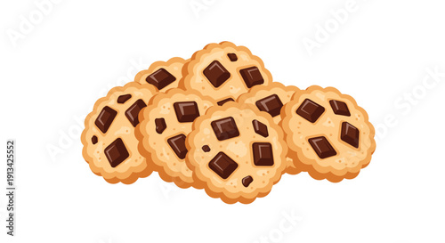 A delicious pile of freshly baked chocolate chip cookies with square chocolate chunks stacked on a white background.
