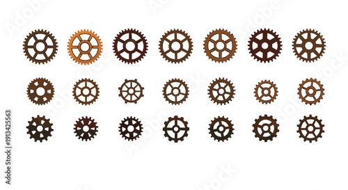 Numerous small and medium-sized rusty metal gears with intricate teeth patterns arranged in rows on a clean white background.