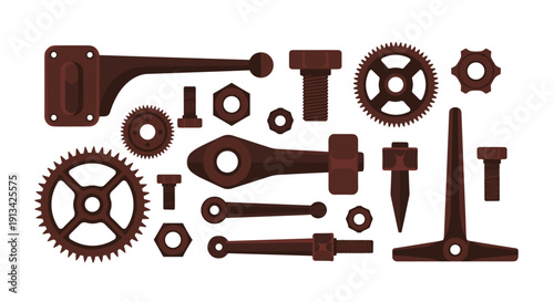Various rusty industrial components, including gears, nuts, bolts, and metal parts, are scattered across a white background.