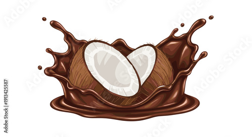 Half and whole coconuts splash into a pool of rich brown chocolate liquid on a clean white background.