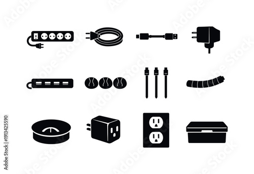 Office cable management tools: power strip, extension cord, charging cable, wall charger, USB hub, cable clip, cable tie, cable sleeve, desk grommet, plug adapter, wall outlet,