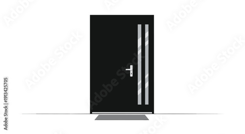 A closed modern black entrance door featuring a silver handle and two vertical frosted glass panels stands above a dark welcome mat.