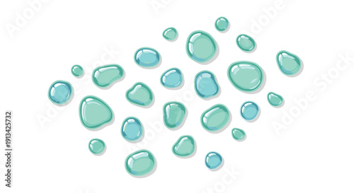 Numerous clear blue and green liquid water droplets with light reflections are scattered across a pristine white background.