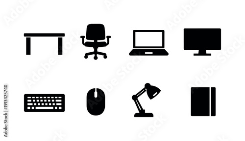 Office desk essentials: office desk, office chair, laptop, monitor, keyboard, mouse, desk lamp, notebook.