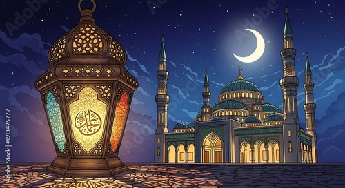 Glowing Islamic lantern and mosque with crescent moon at night
