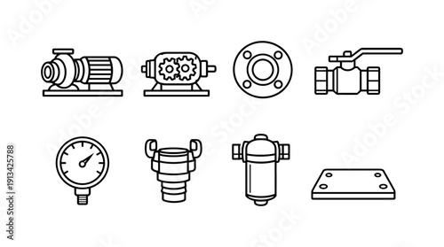 Industrial fluid transfer system: centrifugal pump, gear pump, pipe flange, valve handle, pressure gauge, hose coupling, filter housing, mounting base.
