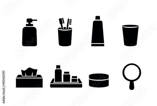 Home bathroom countertop items: soap dispenser, toothbrush holder, toothpaste tube, drinking cup, tissue box, tray organizer, cosmetic jar, hand mirror.