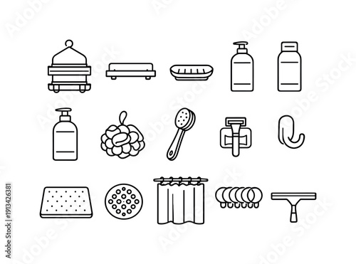 Home bathroom shower accessories: shower caddy, shower shelf, soap dish, shampoo bottle, conditioner bottle, body wash bottle, loofah sponge, shower brush, razor holder, towel hook