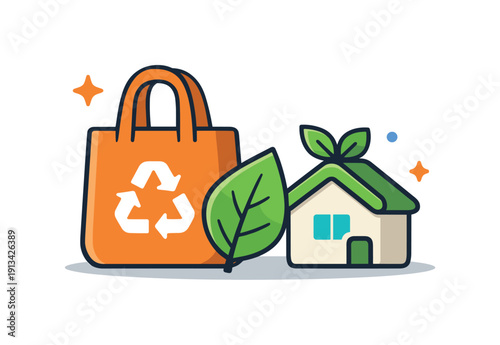 Sustainable lifestyle choices and everyday environmental responsibility in urban living, a reusable shopping bag beside a leaf and a small home icon symbolizing eco-friendly habits
