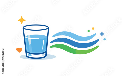 Everyday calm hydration and body care during normal daily routines at home or work, a glass of water paired with gentle wave lines symbolizing balance and physical support,