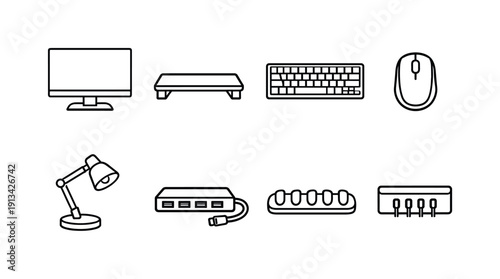 Office startup desk technology kit: desktop monitor, monitor stand, keyboard, mouse, mouse pad, desk lamp, USB hub, cable organizer.