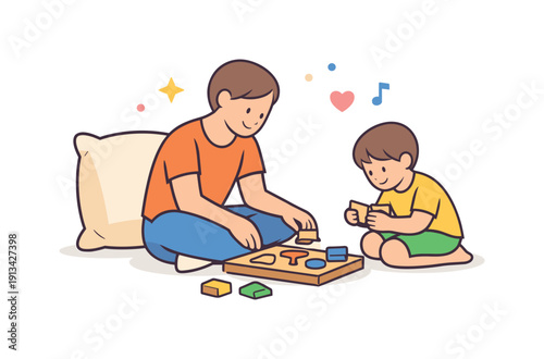 Quiet family afternoon at home focused on shared presence and simple everyday closeness, a parent and child sitting on the floor assembling a basic wooden puzzle beside a soft