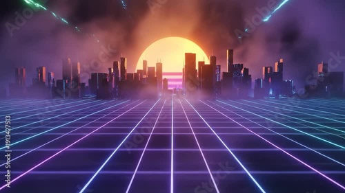Wallpaper Mural Retro futuristic neon sunset city skyline with glowing grid foreground, dramatic lightning and vaporwave synthwave horizon in purple twilight Torontodigital.ca